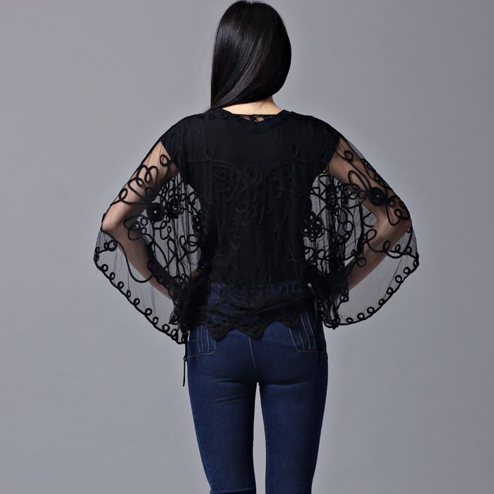 Zomer Toevallige Losse Oversized Dunne Mesh Borduren Bloemen Batwing Mantel Cape See-Through Kant Poncho Jas Feminino