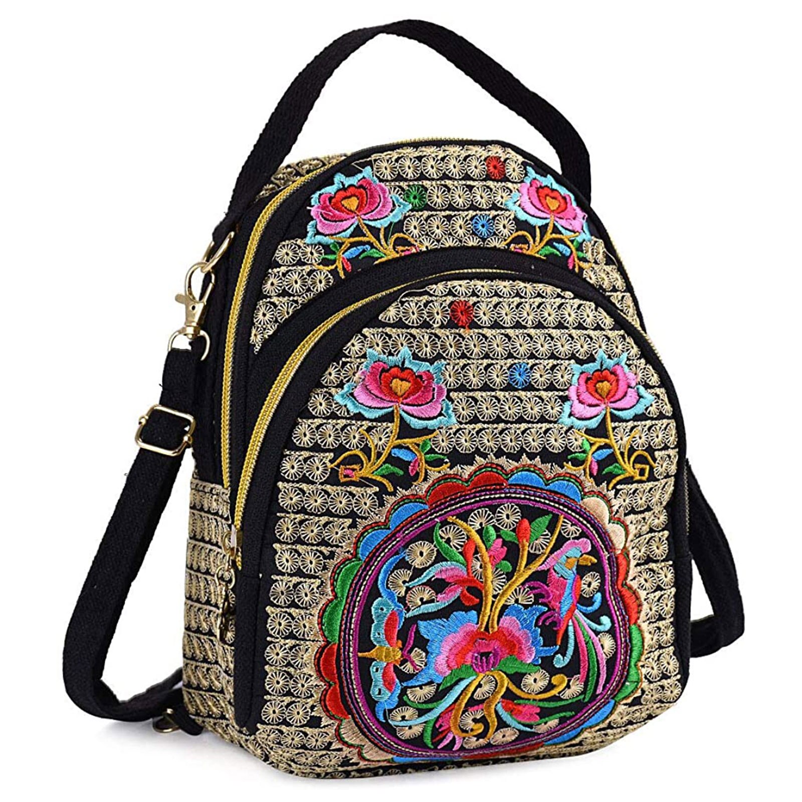 Kvinder pige vintage mini rygsæk lærred broderet blomst lynlås rejse skulder taske dagsæk til rejse shopping: D