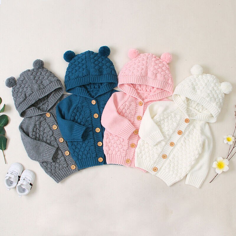 Leuke Peuter Kids Baby Jongens Meisjes Hooded Sweater Jassen Effen Kleur Lange Mouw Gebreide Knoppen Warme Jassen Bovenkleding 0-24M