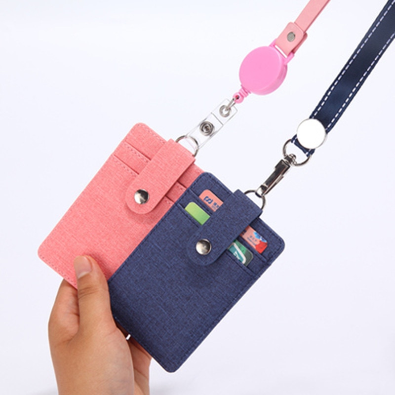 Work Badge Business Card Holder Men Women Worker with Rope Retractable PU Leather Employee Name ID Card Case Lanyard