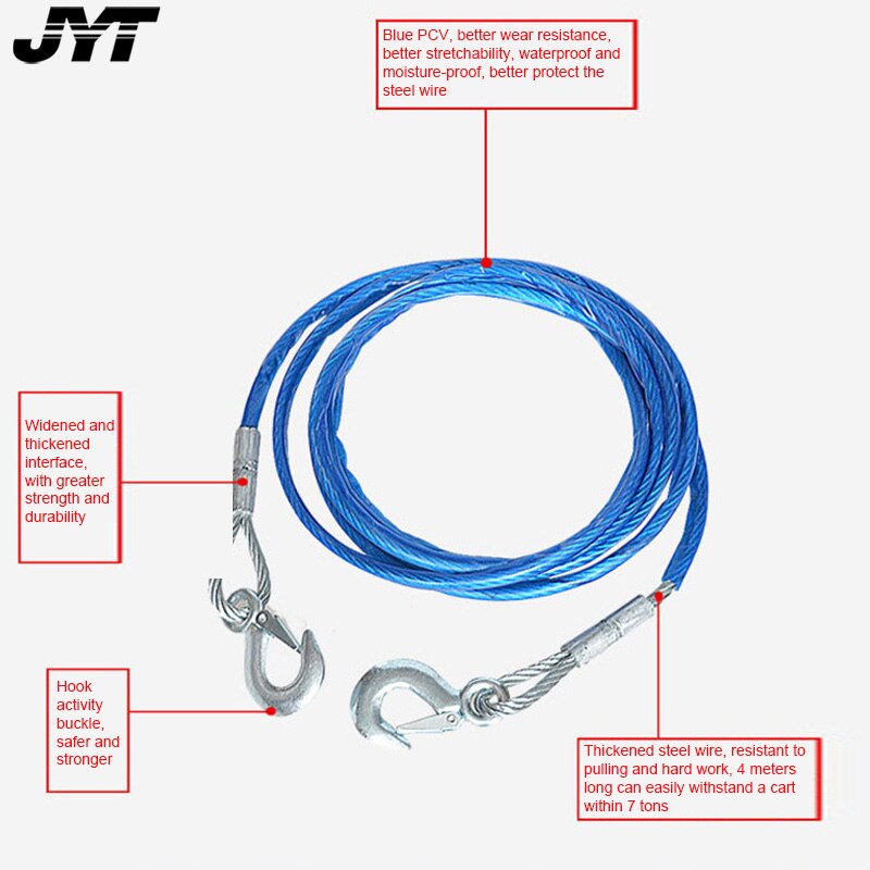 Heavy Duty Tow Ropes 4M 7 Tons Wire Cable High Strength Hook Steel Wire Trailer Car Emergency Towing Rope