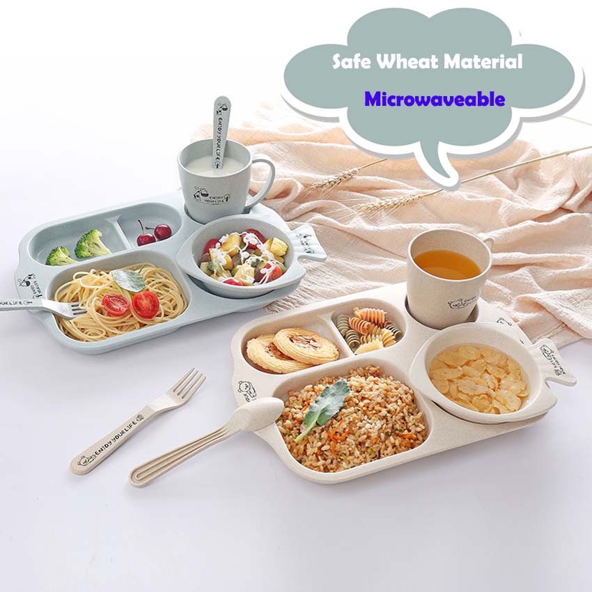 5Pcs Child Tableware Wheat Straw Sange Snack Tray with Spoon Fork Cup Skid Platter Tableware Baby Eating Supplies Beautiful Tray