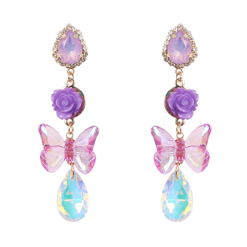 MWSONYA Korea Trendy Purple Butterfly Flowers Acrylic Pendant Earrings Crystal Water Drops Earrings for Women Earrings