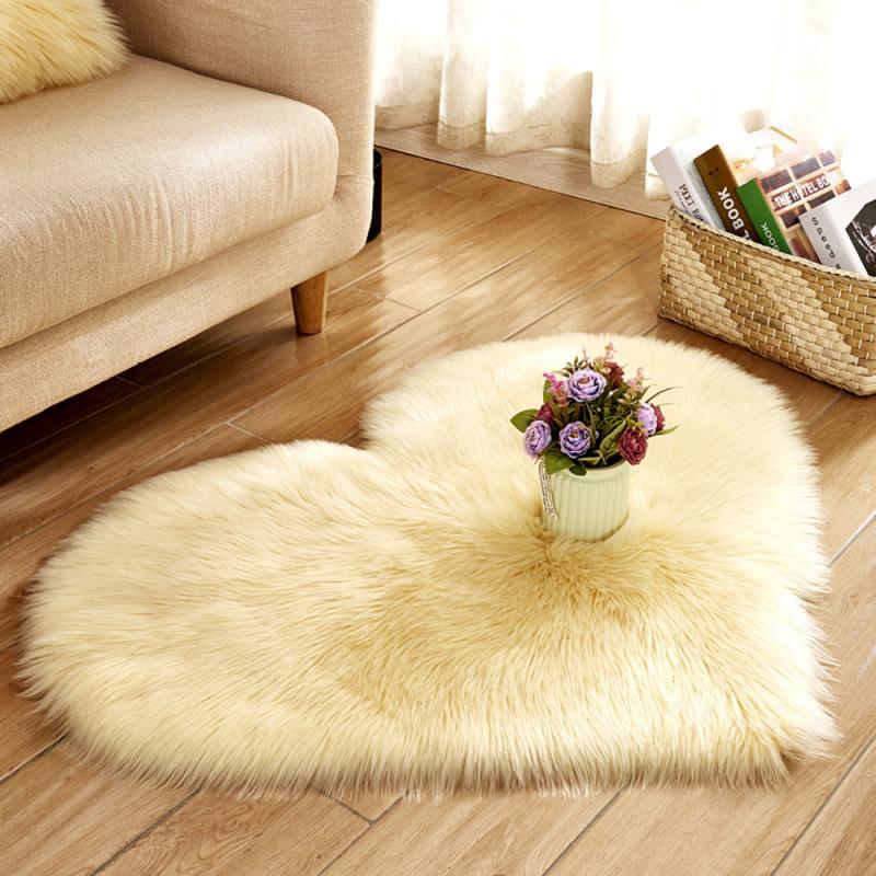 Multifunction Kitchen Bathroom Bedroom Living Room Fluffy Artificial Wool Sheepskin Hairy Love Heart Rugs Household Accessories: light yellow