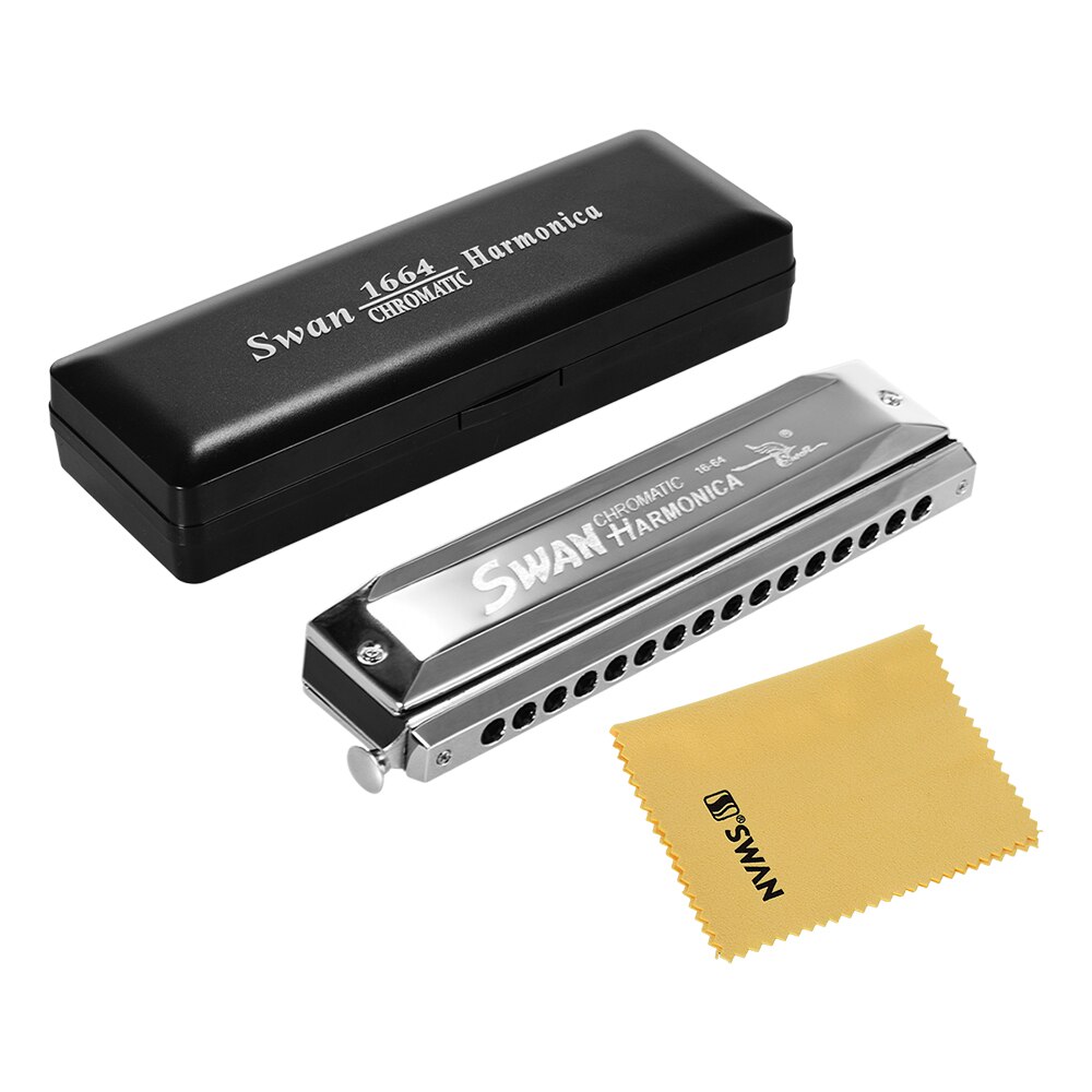 Swan SW-1664 16 Holes Chromatic Harmonica C Key 64 Tones Mouth Organ with Storage Case and Cleaning Cloth for Kids & Adults