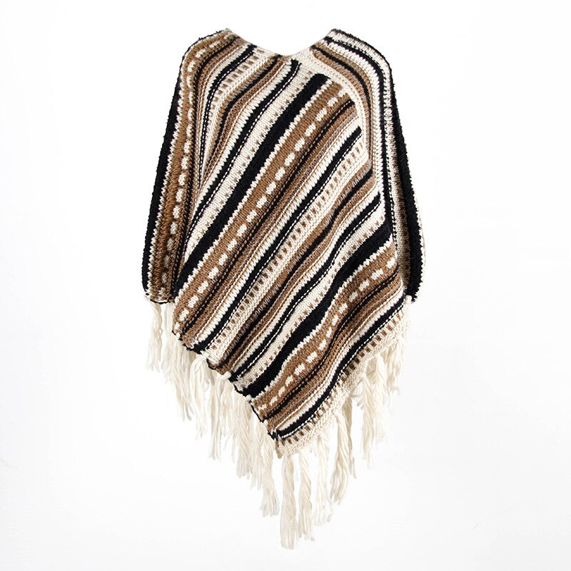 Kvindelige toppe o-hals dame strik sweater stribet kvinde sweater efterår vinter kvast kappe: Khaki