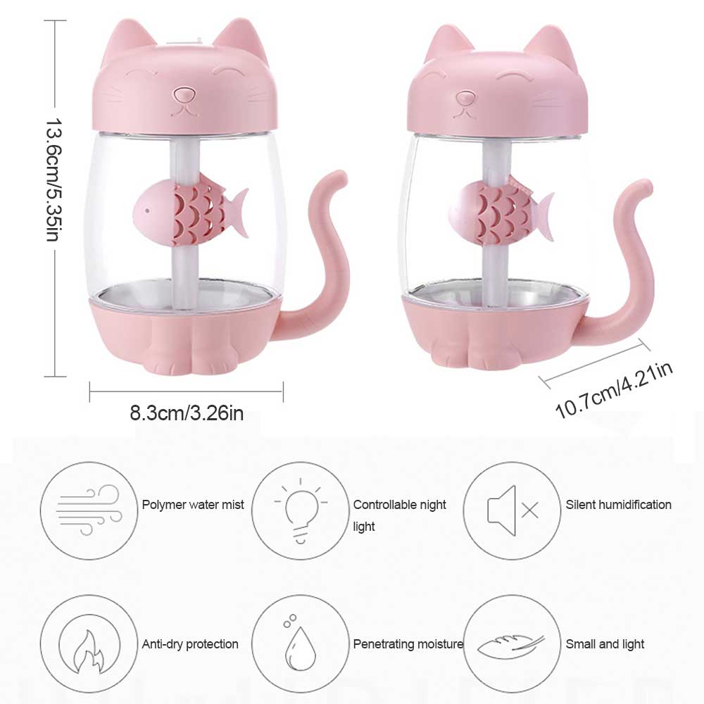 3 i 1 katt luftfukter ultralyd kul-tåke bedårende mini reisetilbehør med mini usb-vifte til reise