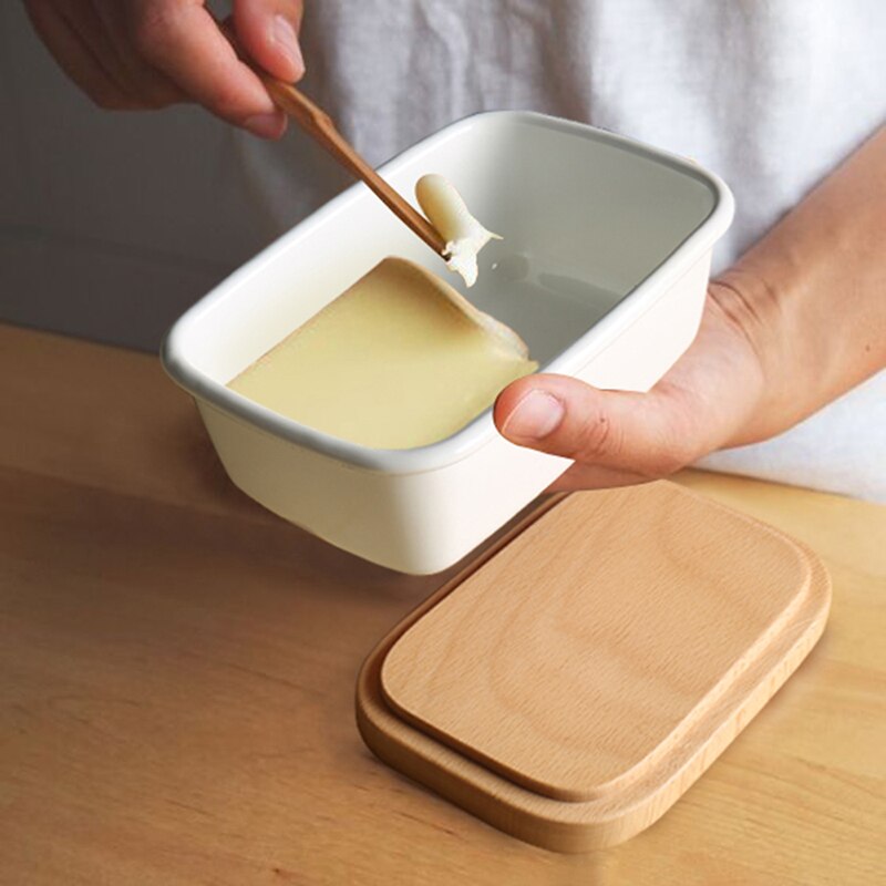 Butter Box Dishes Enamel Butter Container Plates Tray With Wooden Lid Cover Black White Storage Box