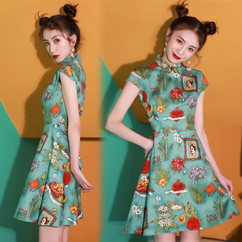 and improved cheongsam print dress chinese traditional dress for women cheongsam