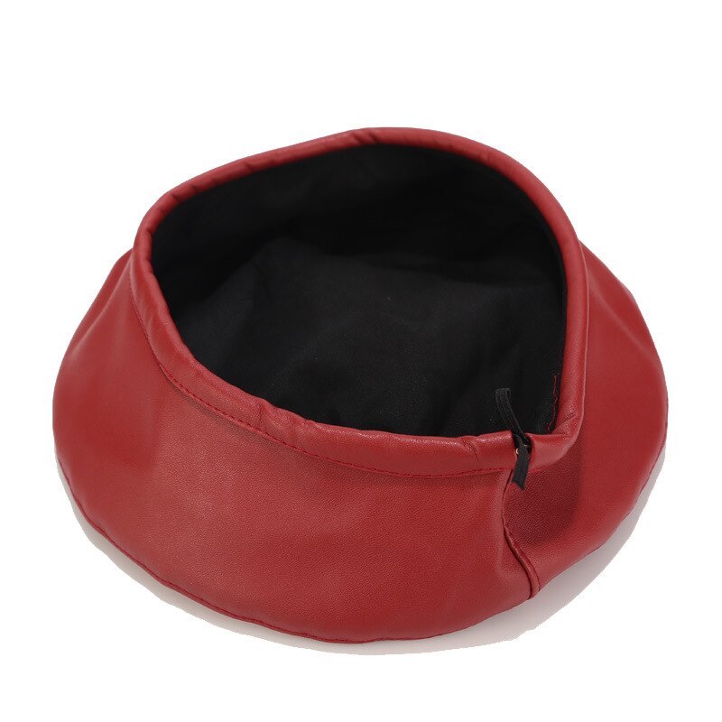 Klassische PU Leder Französisch Baskenmütze Hut für Frauen, Einstellbare Feste Farbe Künstler Maler Kappe