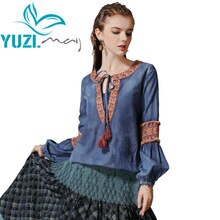 Bluse kvinder efterår bomuld dame toppe og bluser o-hals lange lanterne ærmer vintage broderi skjorte  b9283 blusas