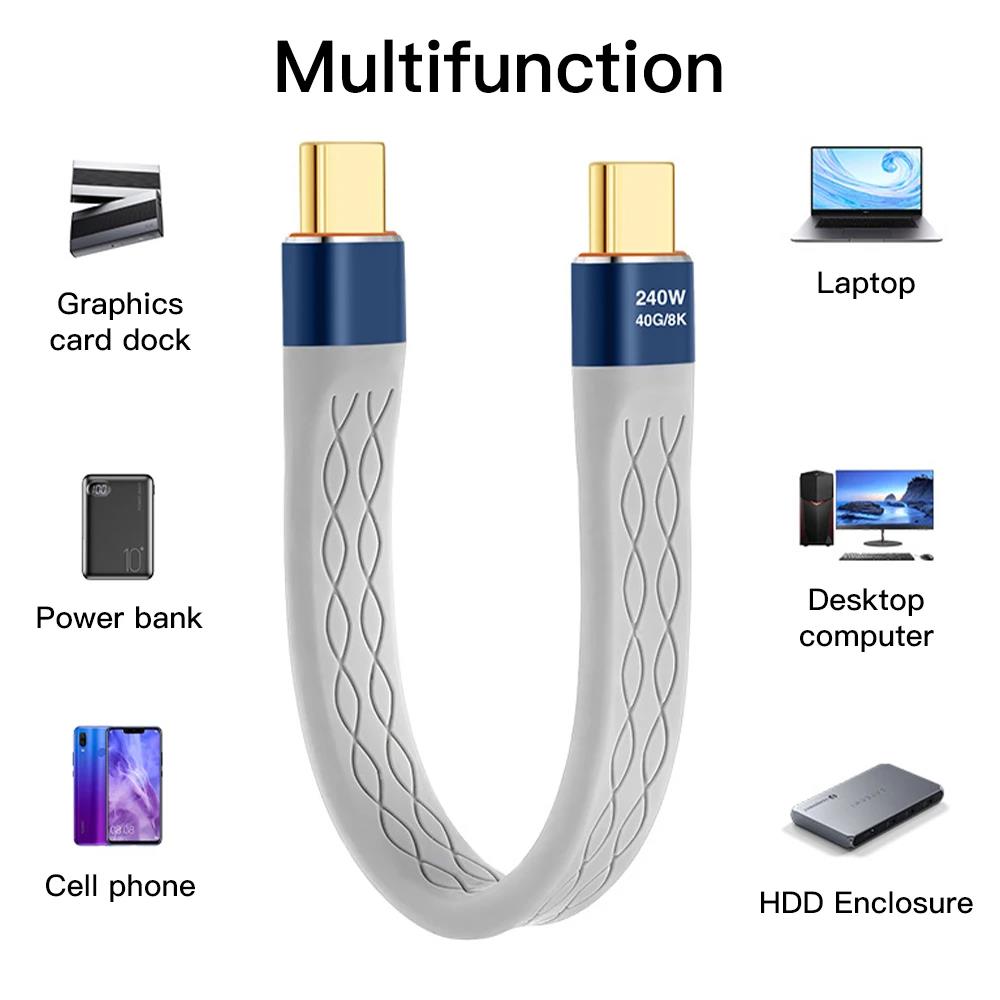 Cable corto USB 4,0 USB C a USB C de 240W, Cable tipo C de carga rápida, transferencia de datos de 40Gbps, Cables de extensión de carga de datos planos y delgados 8K