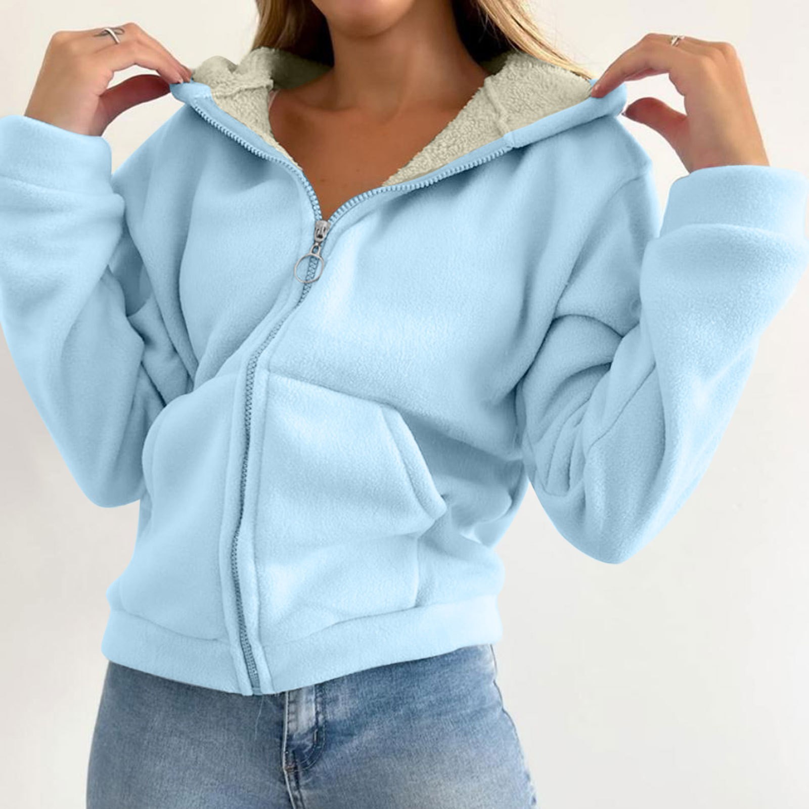 Trendy Sweatshirt Coat Front Pockets Warm Zipper Lamb Wool Jacket Men And Woman Winter Solid Color Plush Lined Cardigan Hoodie: S / SKY BLUE