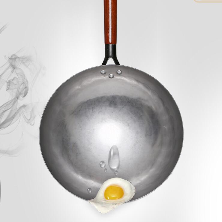 Chinese Traditional Iron Wok Handmade Large Wok&Wooden Handle Non-stick Wok Gas Cooker Pan Kitchen Cookware