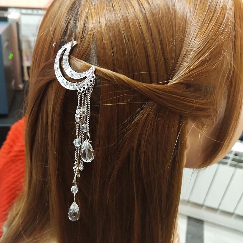 Moon Rhinestone Hair Clip - Crystal Tassel Chain Hairpin - Metal Pearl Hair Jewelry Accessory