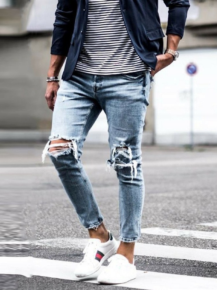 Men Skinny Ripped Jeans Hole Pencil cowboy Pants Hip Hop Streetwear Biker Denim Trousers