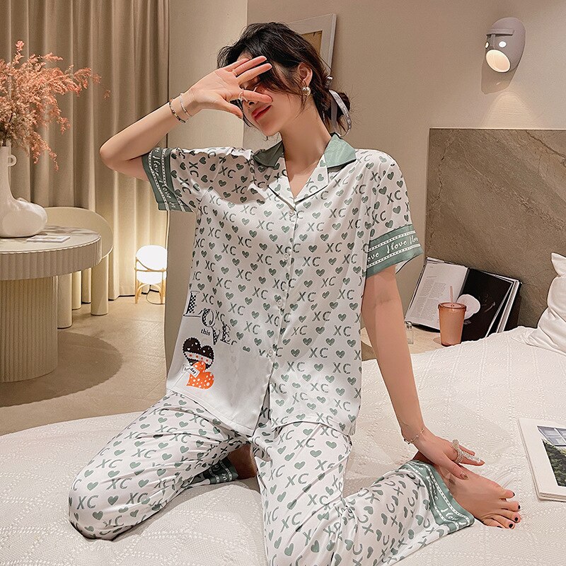 Pijama de manga corta para mujer, conjunto de camisón de seda de hielo, ropa fina para el hogar, ropa de dormir holgada de satén: 2642 / M