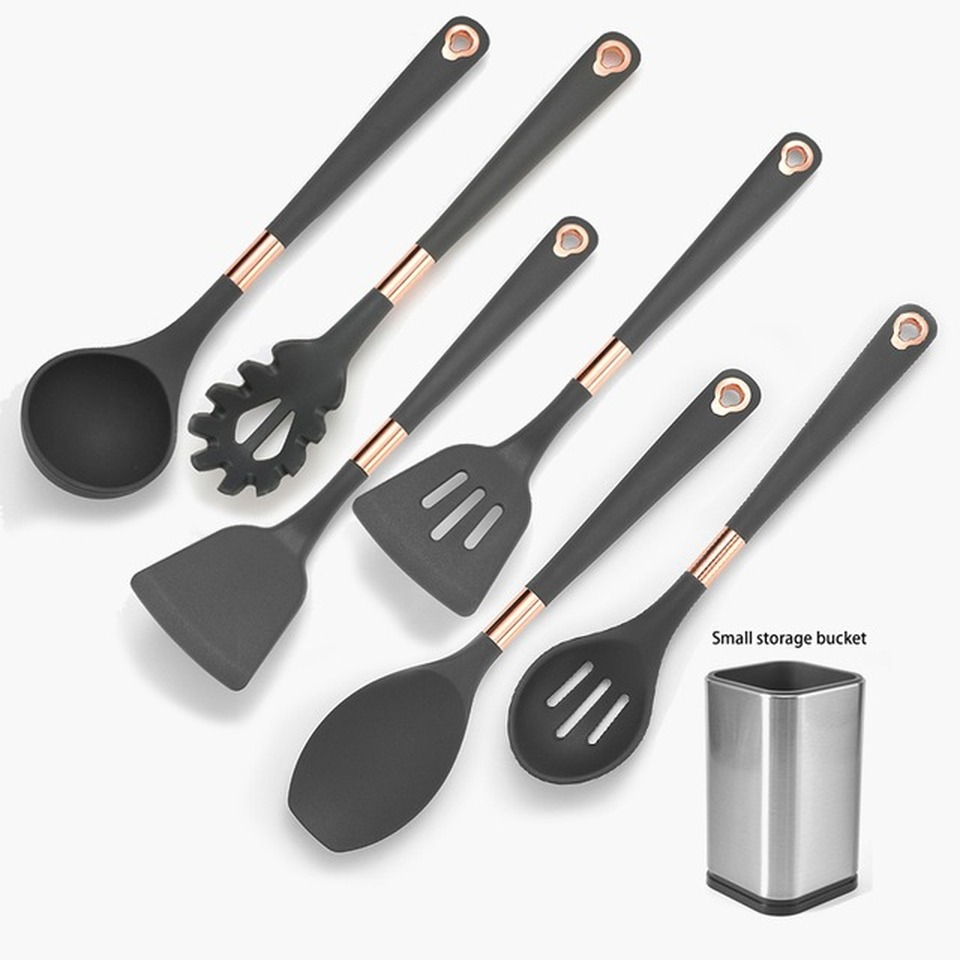 Silicone Kitchenware Set Cooking Tools Rose Gold-plated Simple Hanging Hole Easy To Store Kitchen Utensils Accessories Non-Stick: 7 PCS-2