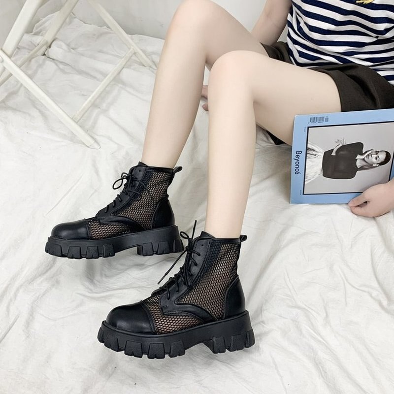 Comemore Vrouwen Laars Zwart Mesh Lace Up Punk Gothic Vrouwen Enkellaarsjes Platform Schoenen Vrouwen Zomer Laarzen dames Maat 40