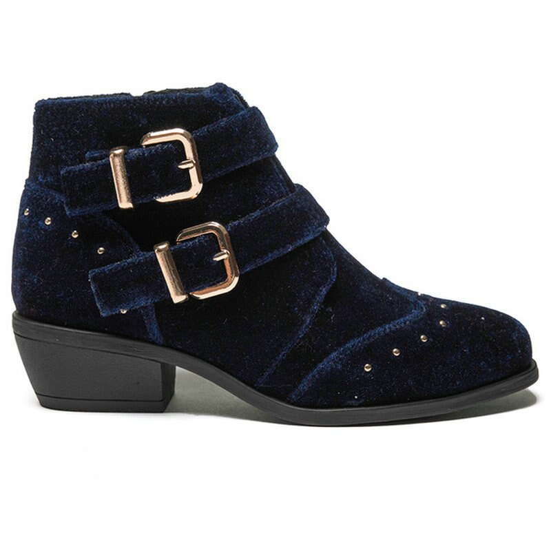 Botas de terciopelo azul Vintage para mujer, botas de tacón medio con cremallera lateral para otoño e invierno, botas cortas de tacón bajo de estilo británico para mujer
