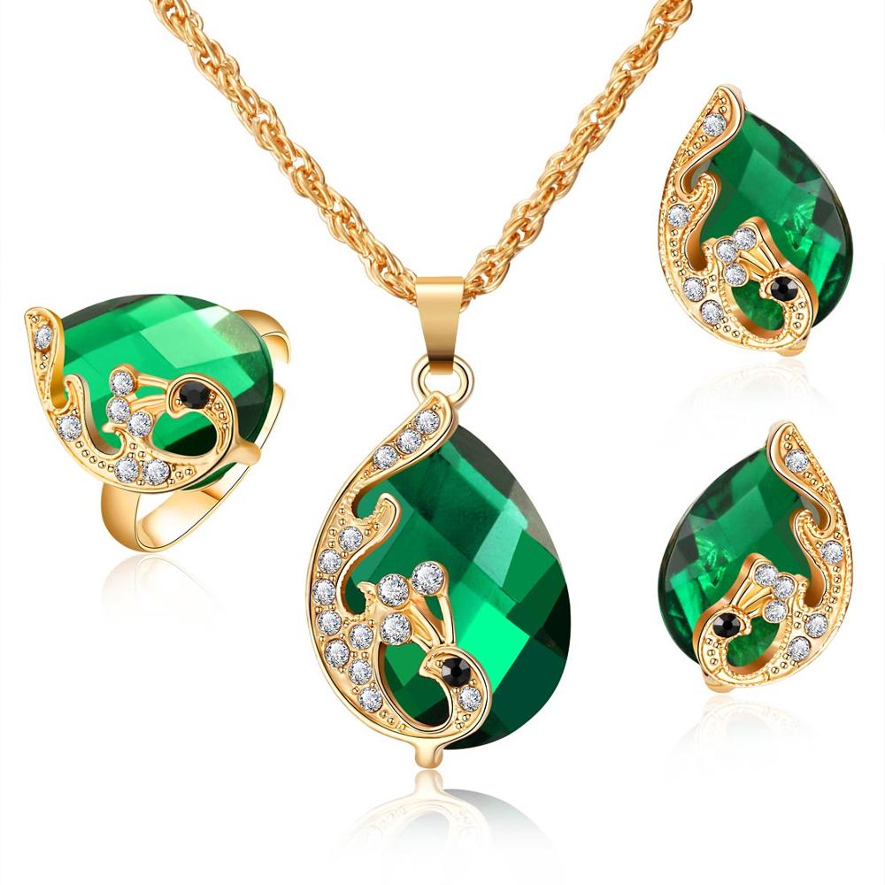Neue Champagner Gold Farbe Kristall Kirsche Schmuck setzt Für Frauen Hochzeit Party Einstellbare Ring Schlüsselbein Kette Zweig Ohrringe: F1186