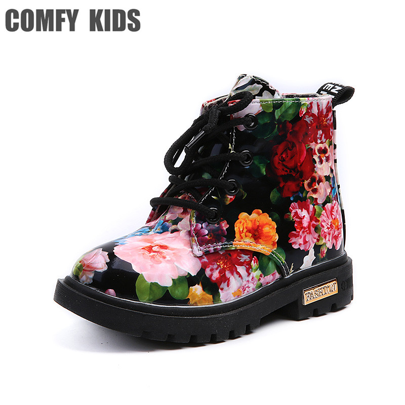 Confortable enfants chaussures filles bottes florales caoutchouc semelle fille enfant Botas gracieuse fleur imprimer Martin bottes taille 21-30: 607 Black / 11,5