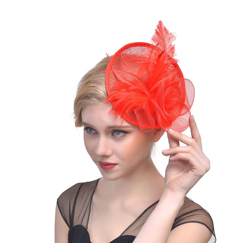 WELROG – chapeau tendance pour femme, chapeau, plume, gaze, maille solide, épingle à cheveux, pour fête, mariage, ruban: Rouge