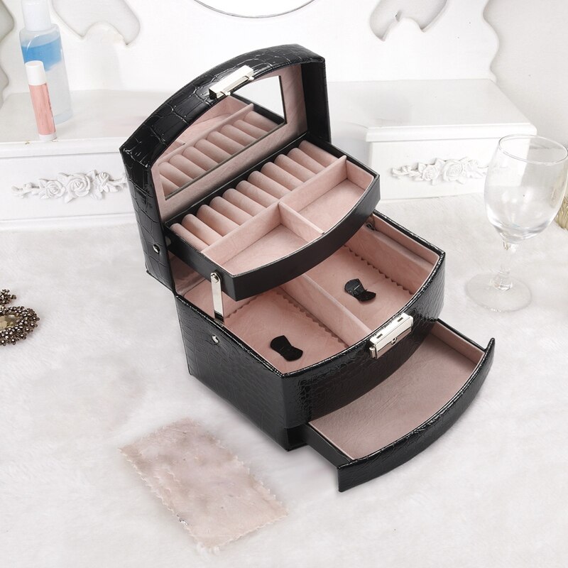 Automatische leren sieradendoos met drie lagen, opbergdoos voor dames, oorbellen, cosmetica-organizer, kistje voor decoraties
