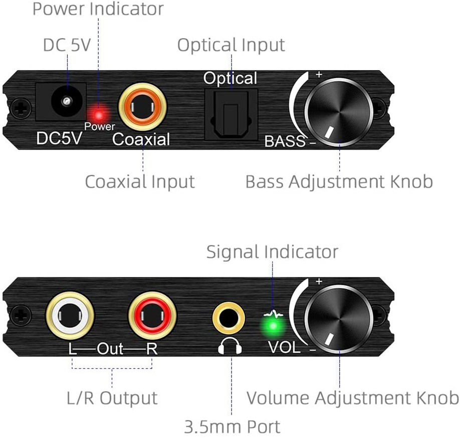 USB DAC 192kHz 24Bit Digital-Analog-Audio-Wandler Bass Lautstärke regler Einstellung SPDIF Optisch Toslink Koaxial zu Analog