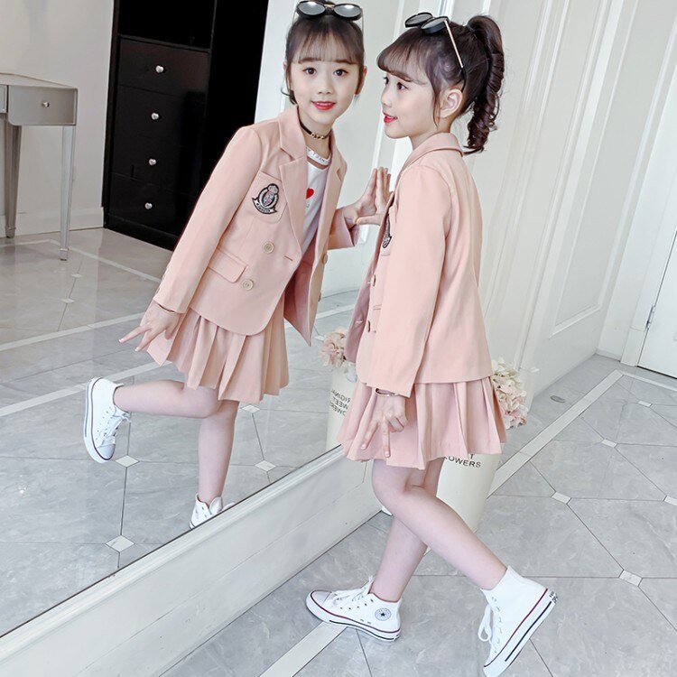 Spring Girls Cute Pink Blazer Suit Campus Style Two-piece Children&#39;s Korean Western Style All-match Cotton Suit Skirt LB252