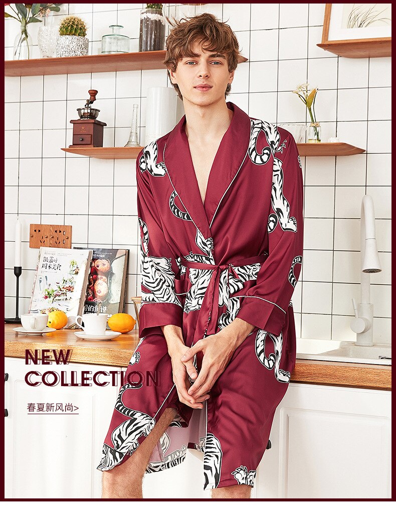 Summer Satin Kimono Bathrobe Men Robe Flower Print Nightwear Bath Gown Long Sleeve Silk Sleepwear Long Bathrobe Pijama