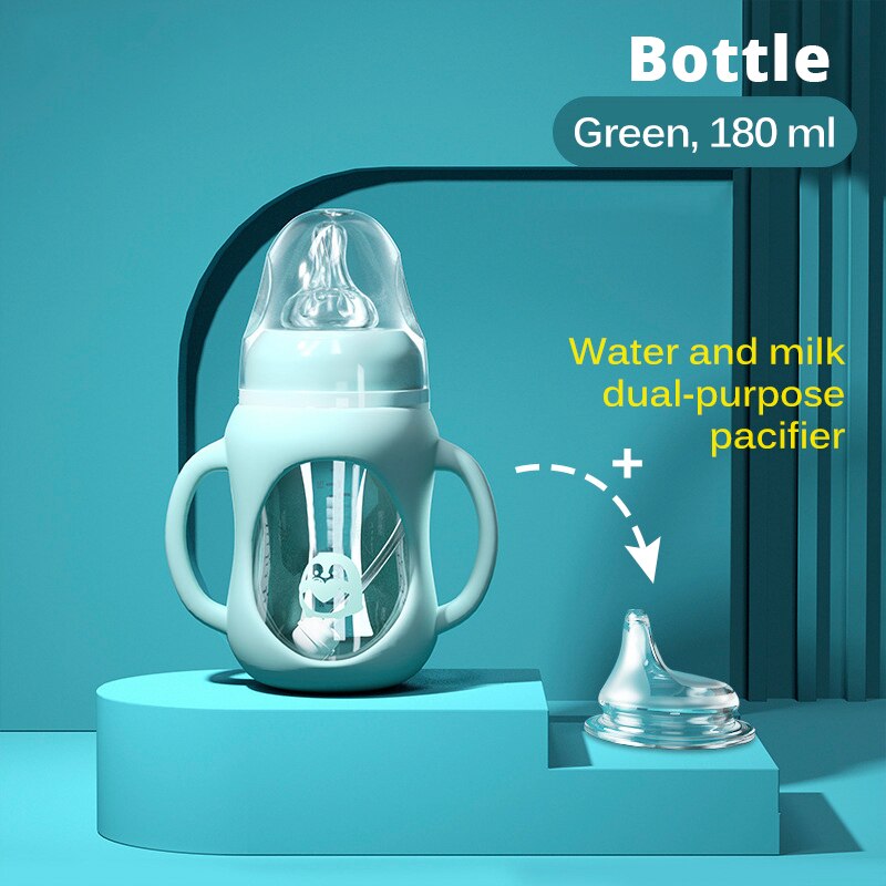 Baby flasche Glas Dual Verwenden und freundlicher Trinkbecher Flasche Griff Griff für Natürliche Breite Mund PP Glas Silikon griff: Grün 240ML Tasse Kopf
