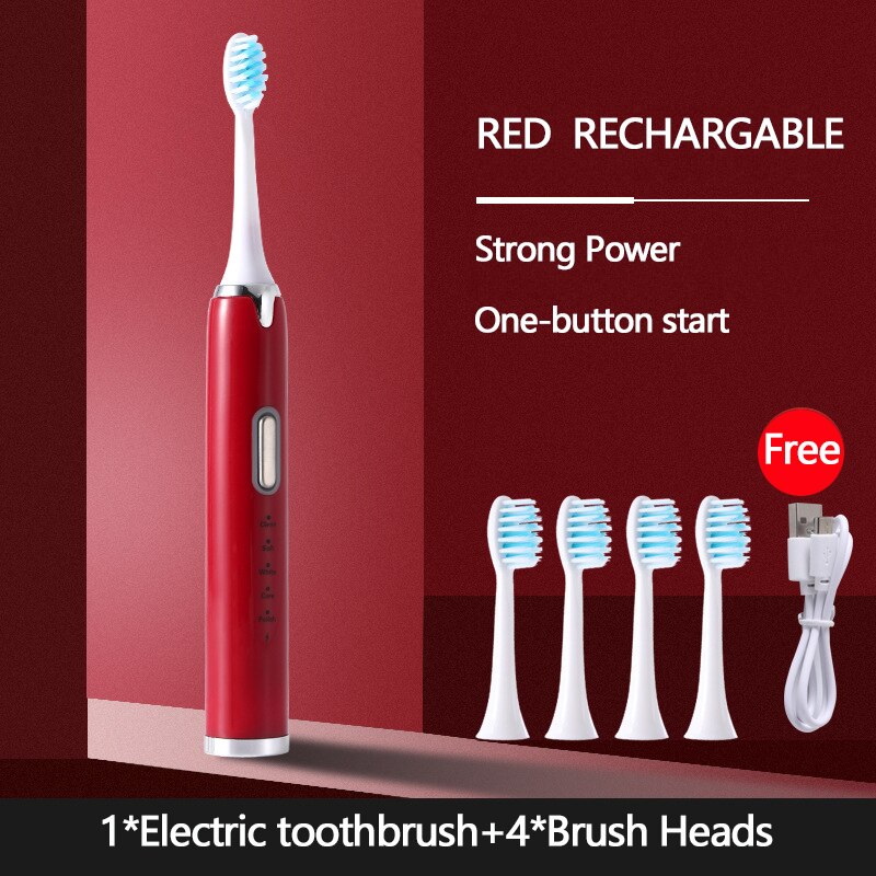 Genopladelig sonisk elektrisk tandbørste med udskiftning af tandbørstehoveder 5 tilstande vandtæt ultralydsbørste voksen: Rød genopladelig