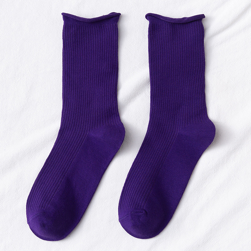 Chaussettes fluorescentes colorées pour femmes, amples, couleur d&#39;hiver, chaudes, confortables, tricotées, chaussettes longues en coton, confortables à rayures: Violet