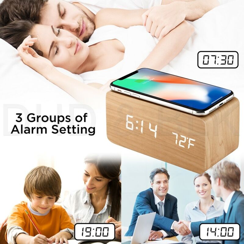 Moderne Thuis Houten Hout Digitale Led Desk Wekker Thermometer Qi Draadloze Oplader Voor Iphone