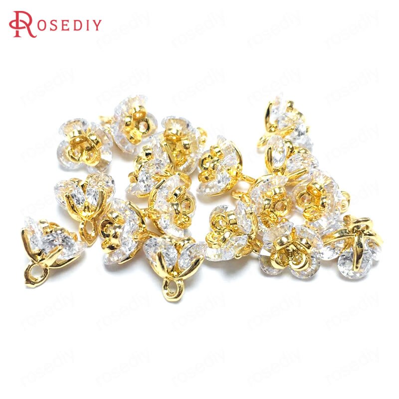 (37101)6PCS 7x7MM 24K Champagne Gold Color Brass and Zircon 3D Flower Charms Pendants Jewelry Making Supplies Diy Accessories: White