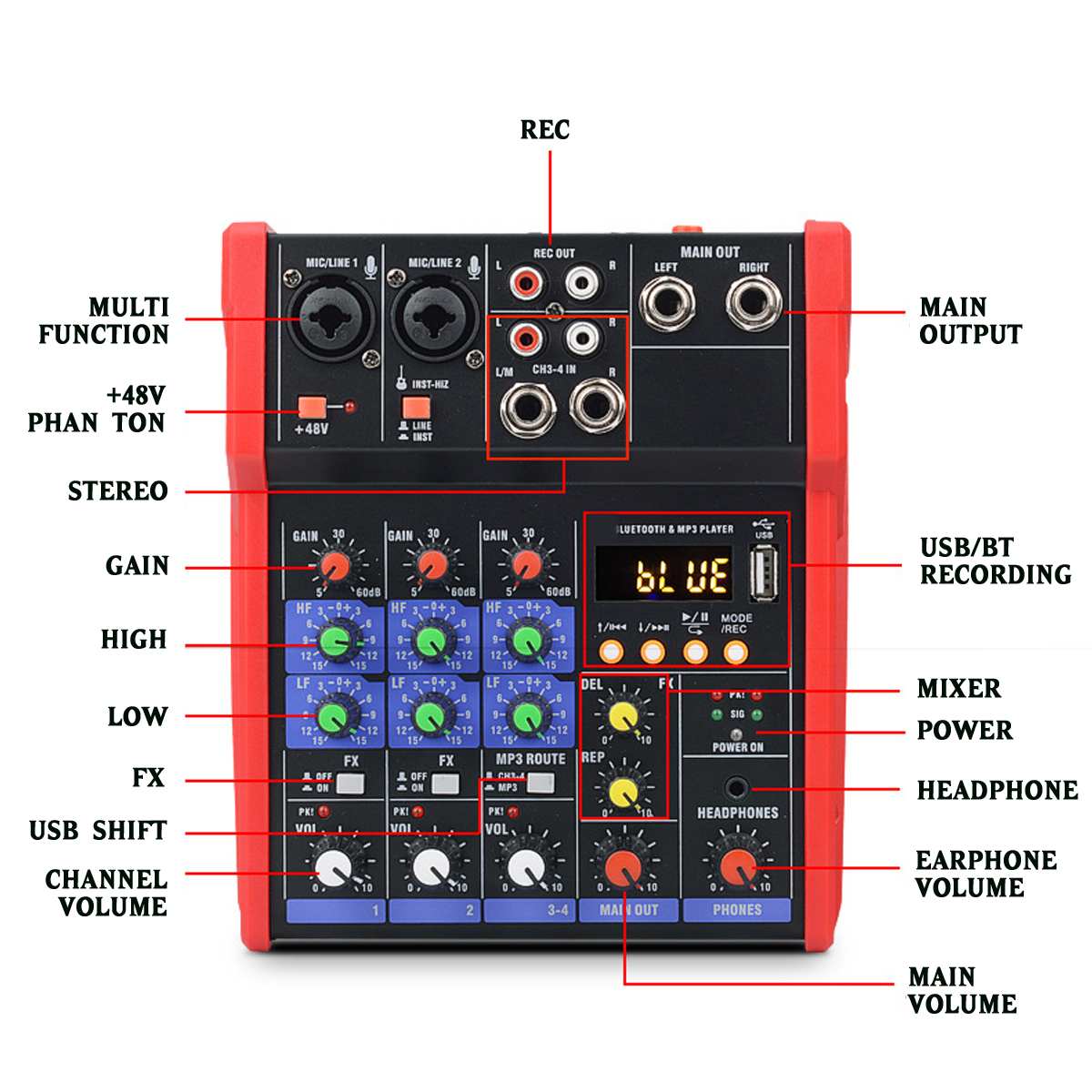 bluetooth Portable Audio Mixer w/USB DJ Sound Mixing Console MP3 Jack 4 Channel Karaoke 48V Amplifier Karaoke KTV Match Party
