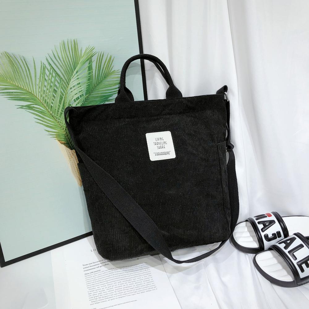 Women Corduroy Shoulder Bags Soft Cloth Handbag Tote Female Crossbody Messenger Bags Ladies Canvas Zipper Purses Shopping Bag: Black