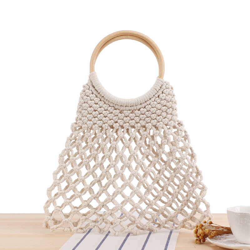 Hollow Out Katoen Strand Tas Dames Handtassen Bohemian Houten Handvat Reizen Tote Grote Capaciteit Visnet Vrouwen Boodschappentas w344
