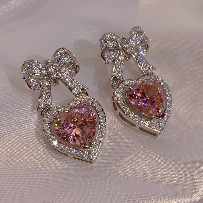 Korean Pink Pendant Earrings Princess Full Rhinestone Bow Love Heart Earrings Women's Wedding Aesthetic Jewelry