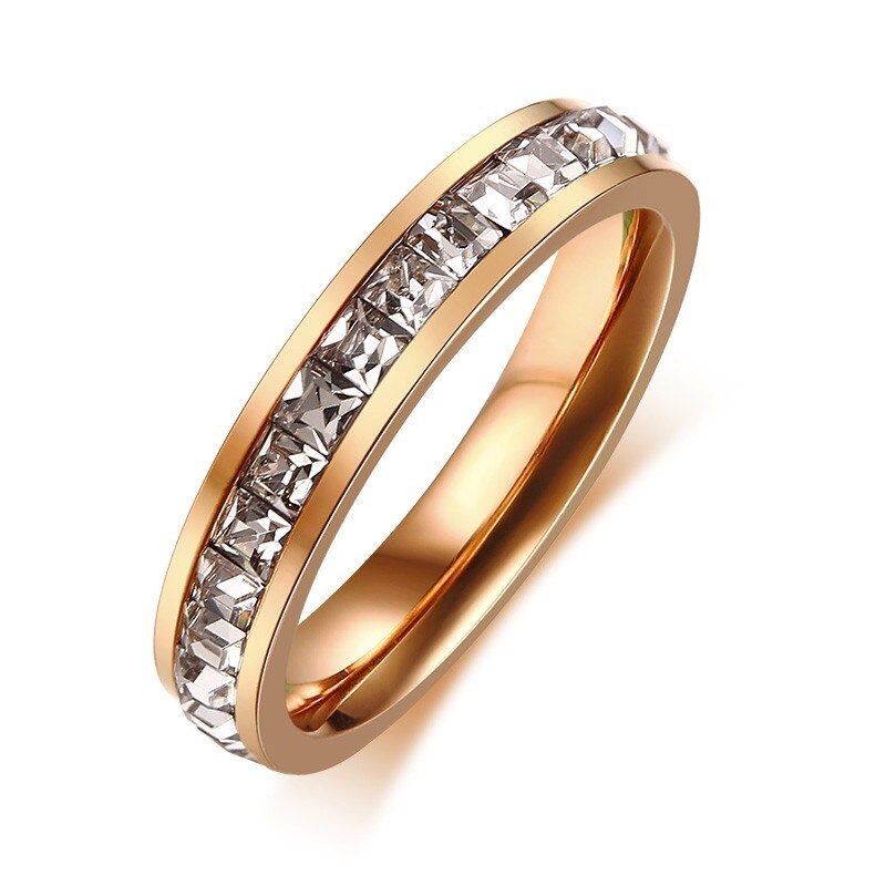 Vnox 3mm bight 585 rosa ouro tom anéis de noivado para mulher homem de aço inoxidável com pedras cz completa shinny anéis de casamento: 9 / Stones