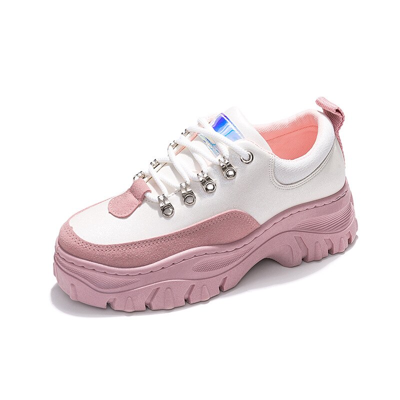 Fujin sneakers dames herfst lente dikke zool ademend vrijetijdsschoenen ronde neus vetersluiting damesschoenen: Roze / 9