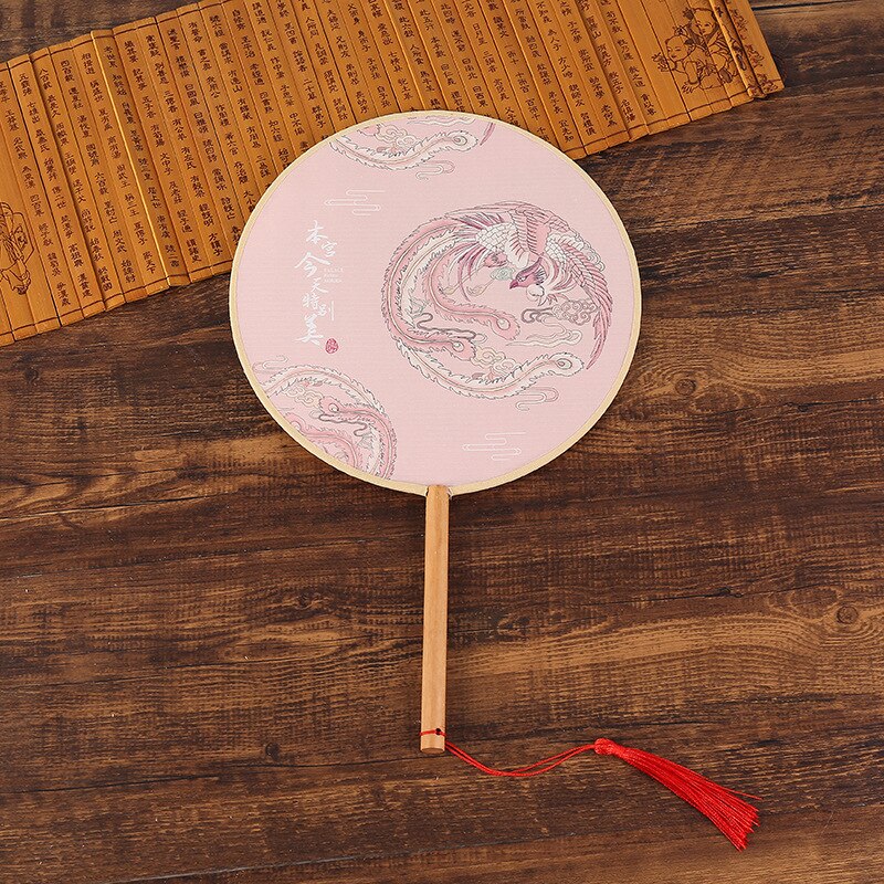 Vintage Round Fan Long Handle Tassel Dancing Hanfu Circular Fan Ancient Chinese Style Classical Printed Court Round Fan Wedding: 10