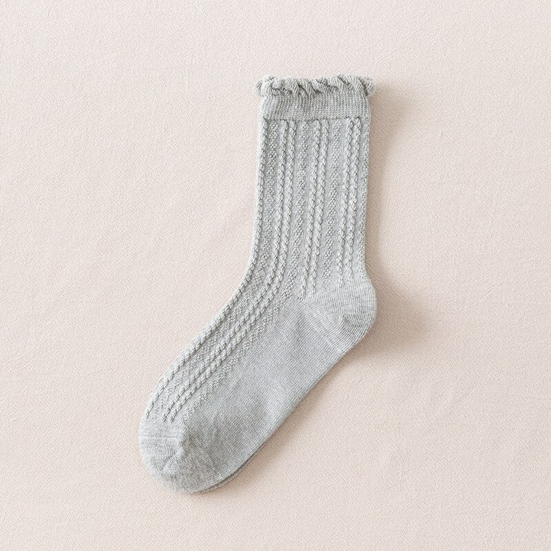 Frilly Ruffle Socks Japanese Style Kawaii Cute Cotton Woman Socks Harajuku Retro Casual Solid Color White Black Beige Crew Socks: Gray