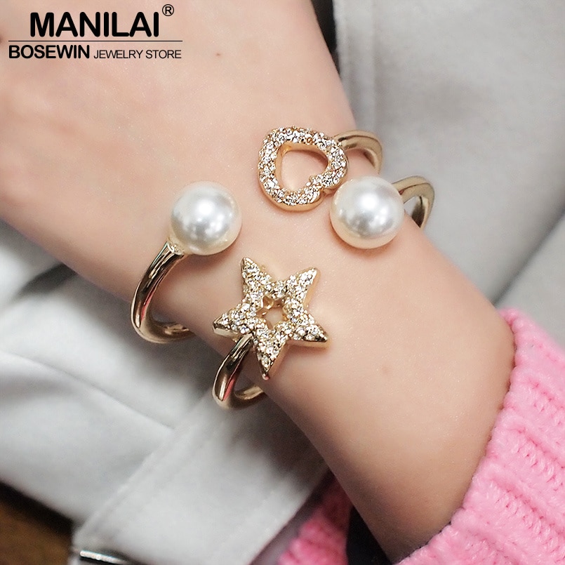 MANILAI Imitatie Parel Ster Manchet Armband voor Vrouwen Charm Metalen Hart Strass Armband Armband Mode-sieraden