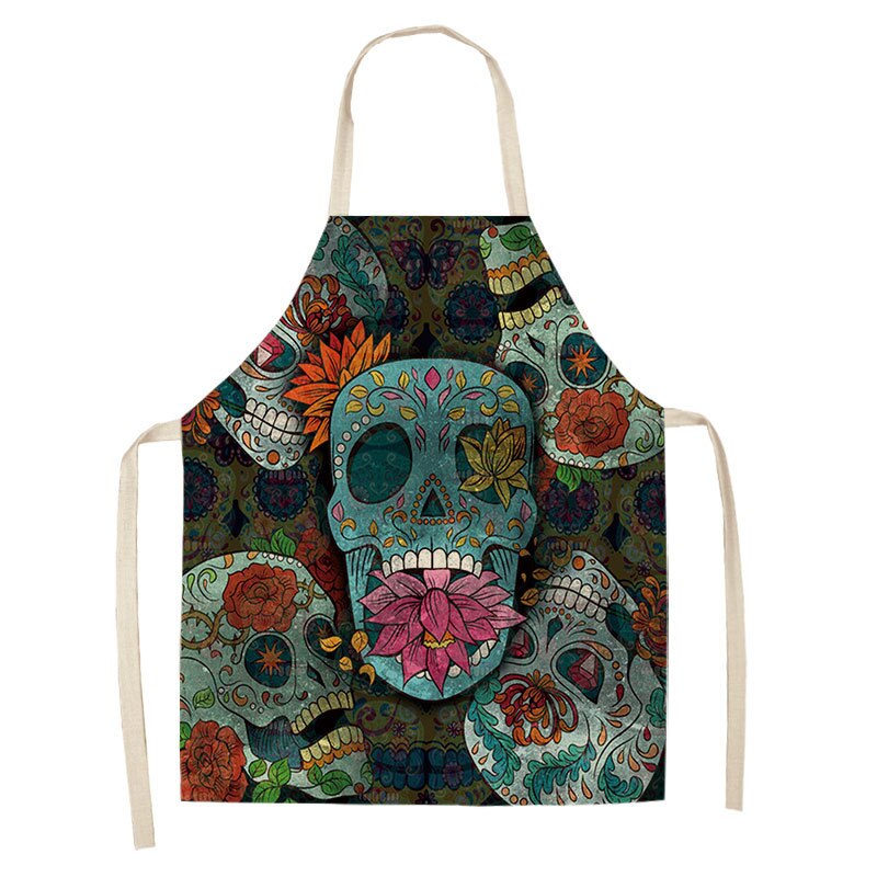 1Pc Skull Pattern Kitchen Chef Apron for Cooking Sleeveless Cotton Linen Aprons Adult Bibs Home Cleaning Accessories 53*65cm: T