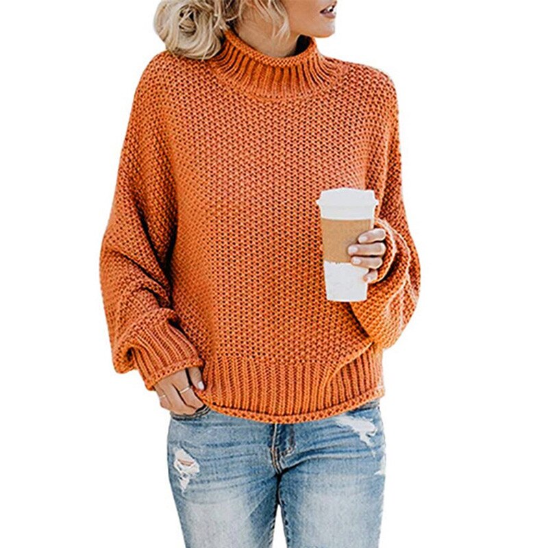 Knitted Turtleneck Warm Women's Sweater Autumn Long Lantern Sleeve Female Sweaters Winter Casual Solid Ladies Pullover: Orange