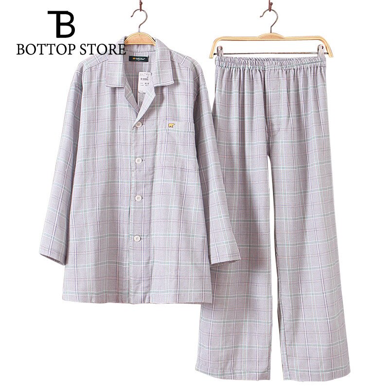 Mens Pajamas Set Top Pant Cotton Pajamas Homewear Men Home Suit Male Sleepwear Set Plaid Men Twinset Nightshirt Nightclothes: light gray / L