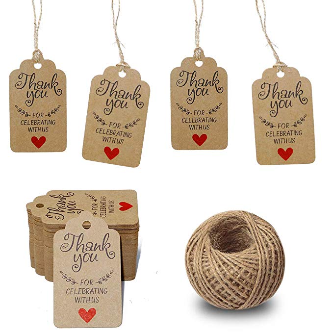 100 piezas de papel kraft gracias por celebrar con nosotros para la boda etiquetas de Paquete de etiquetas etiquetas de precio hechas a mano de joyería: Púrpura claro