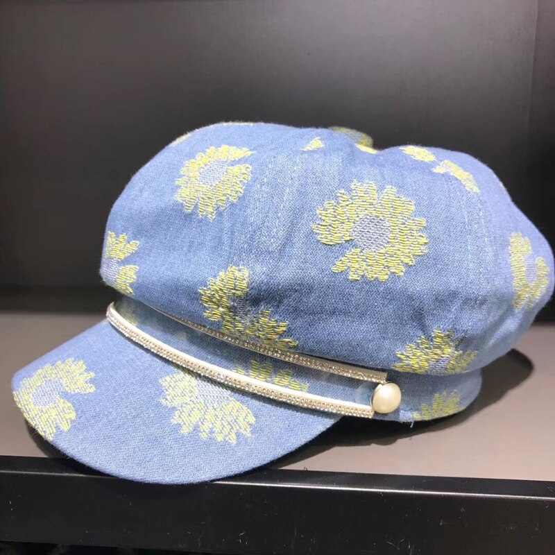 Femmes Denim gavroche casquettes femme automne Vintage peintres chapeau octogonal conduite décontracté Gatsby coton casquette hommes chapeaux: light blue B